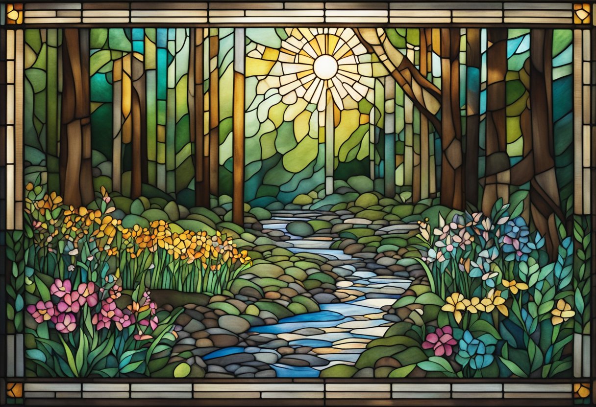 A serene forest clearing with sunlight filtering through the trees, a gentle stream flowing, and colorful wildflowers in bloom