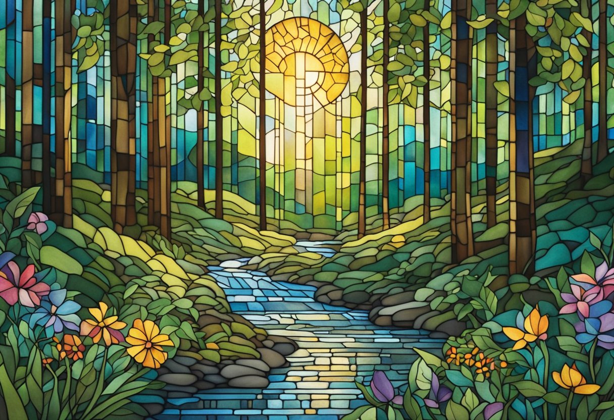 A serene forest with sunlight filtering through the trees, a tranquil stream, and vibrant wildflowers, evoking a sense of peace and renewal