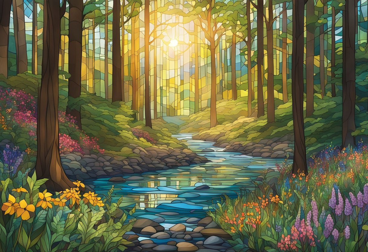 A serene forest with sunlight filtering through the trees, a clear stream flowing, and a variety of colorful wildflowers blooming