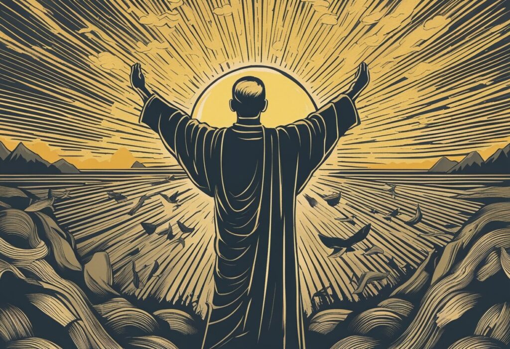 A figure stands with arms open, facing the sun. A sense of peace and gratitude radiates from the scene