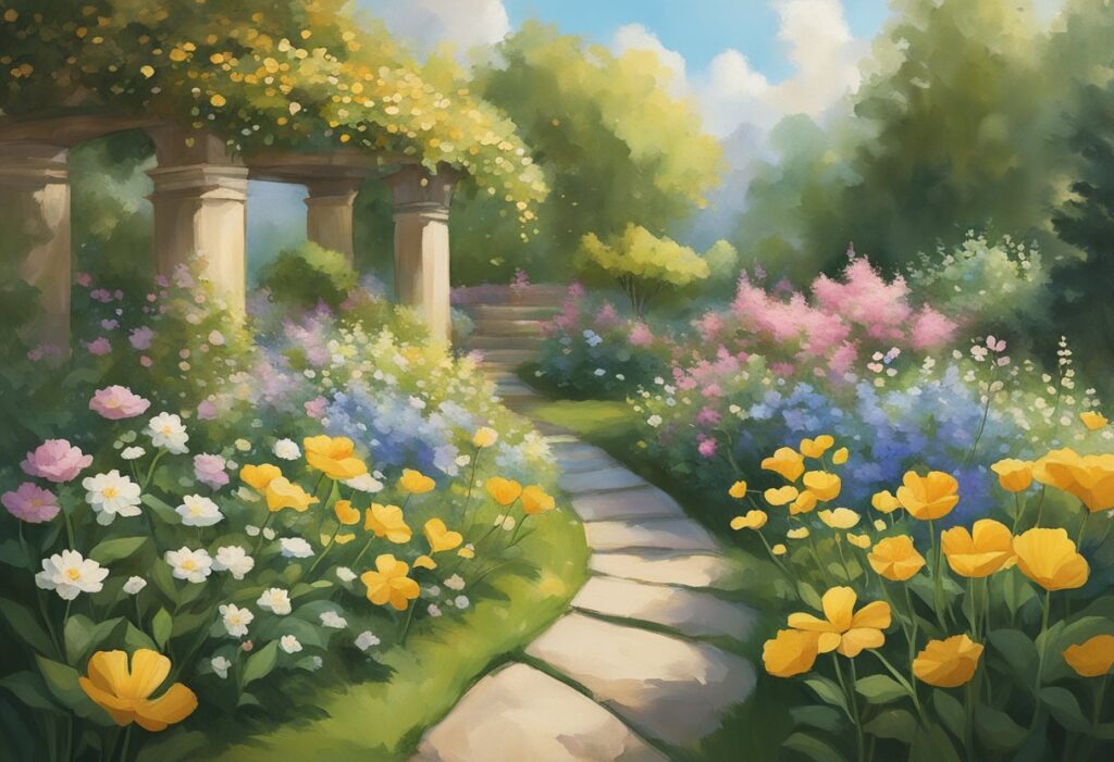 A serene garden with blooming flowers and a gentle breeze, symbolizing the healing power of gratitude