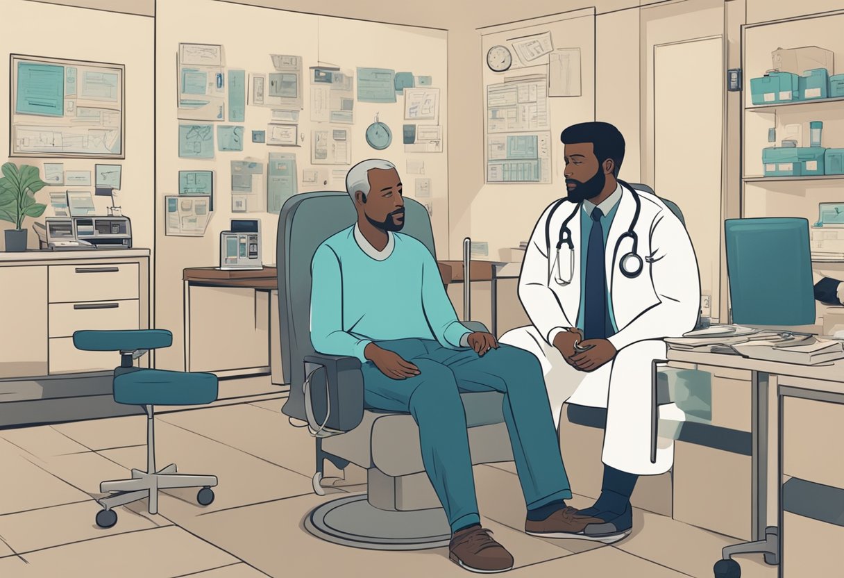 A man sitting in a doctor's office, surrounded by medical equipment and a supportive loved one, receiving a cancer diagnosis with a determined expression