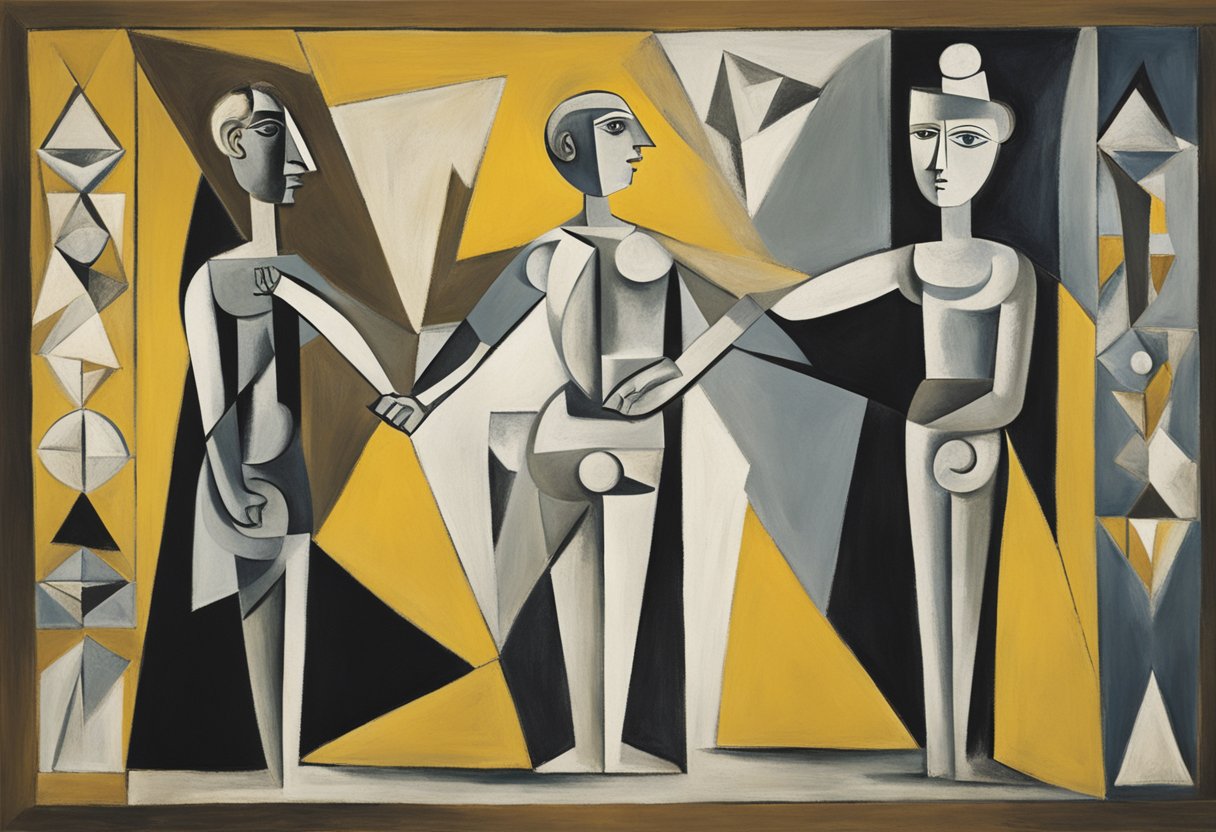 Two figures facing each other with open arms, representing a debate. One figure is surrounded by symbols of imperfection, while the other is surrounded by symbols of male cancer awareness