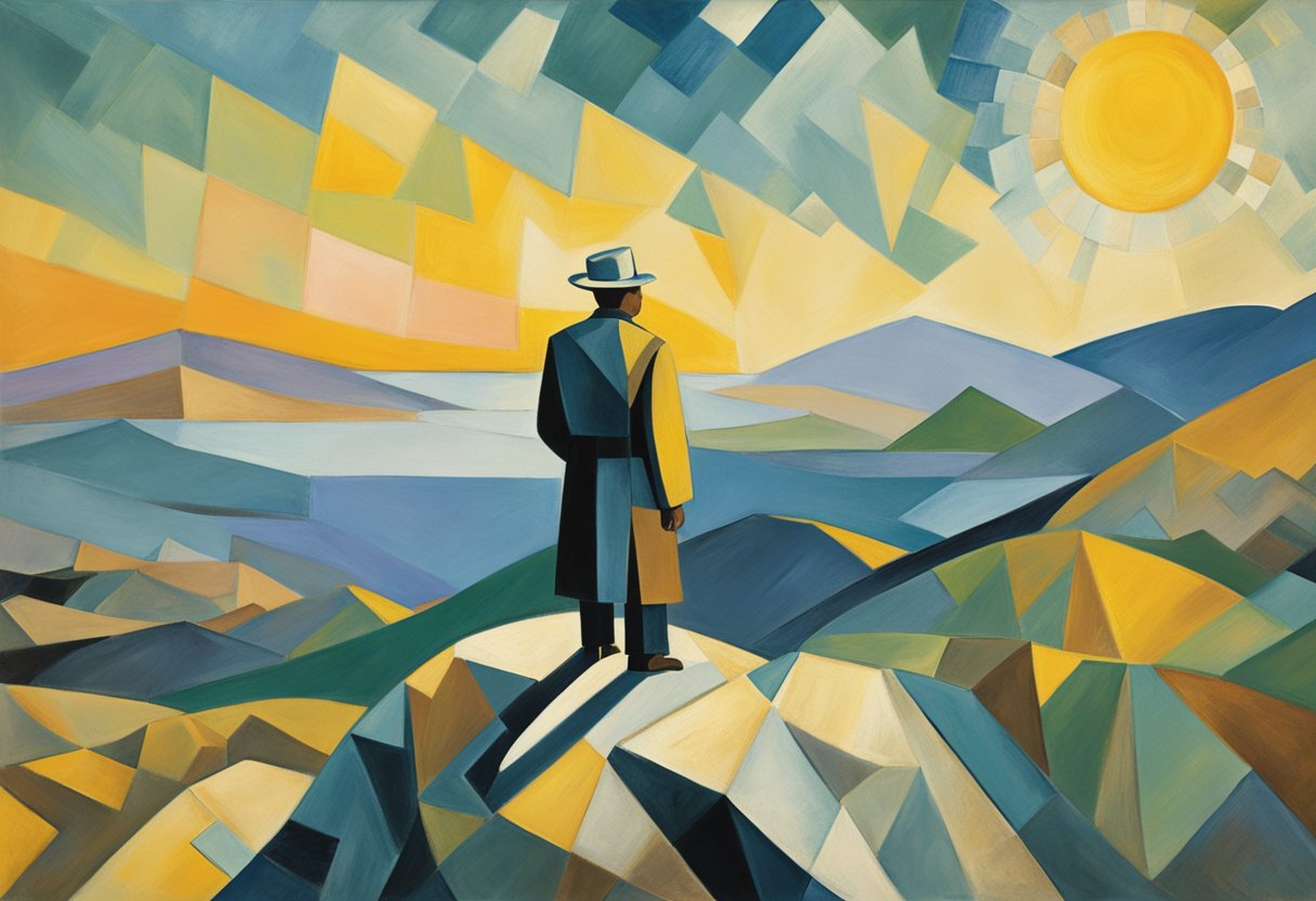 A man standing on a mountaintop, looking out at a sunrise over a vast landscape, symbolizing hope and resilience in cancer survivorship