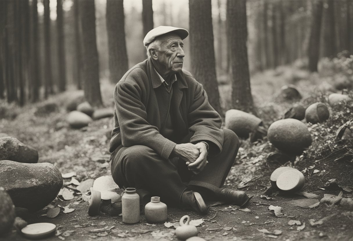 A man practicing outdoor survival skills, surrounded by nature and focusing on physical health and well-being