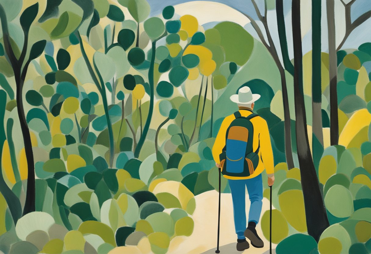 A male cancer survivor hiking with a backpack, surrounded by healthy food and exercise equipment in a natural setting