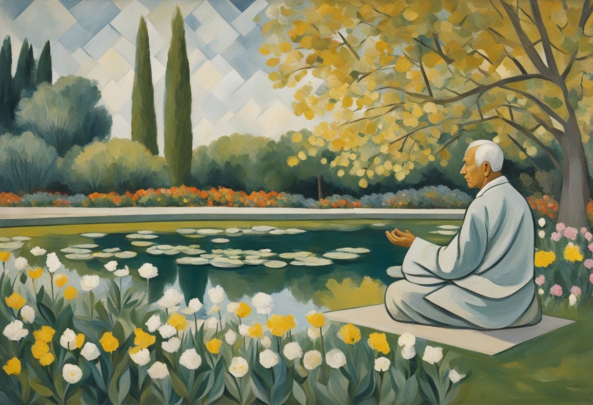 A man practices mindfulness by meditating in a peaceful garden, surrounded by blooming flowers and a serene pond