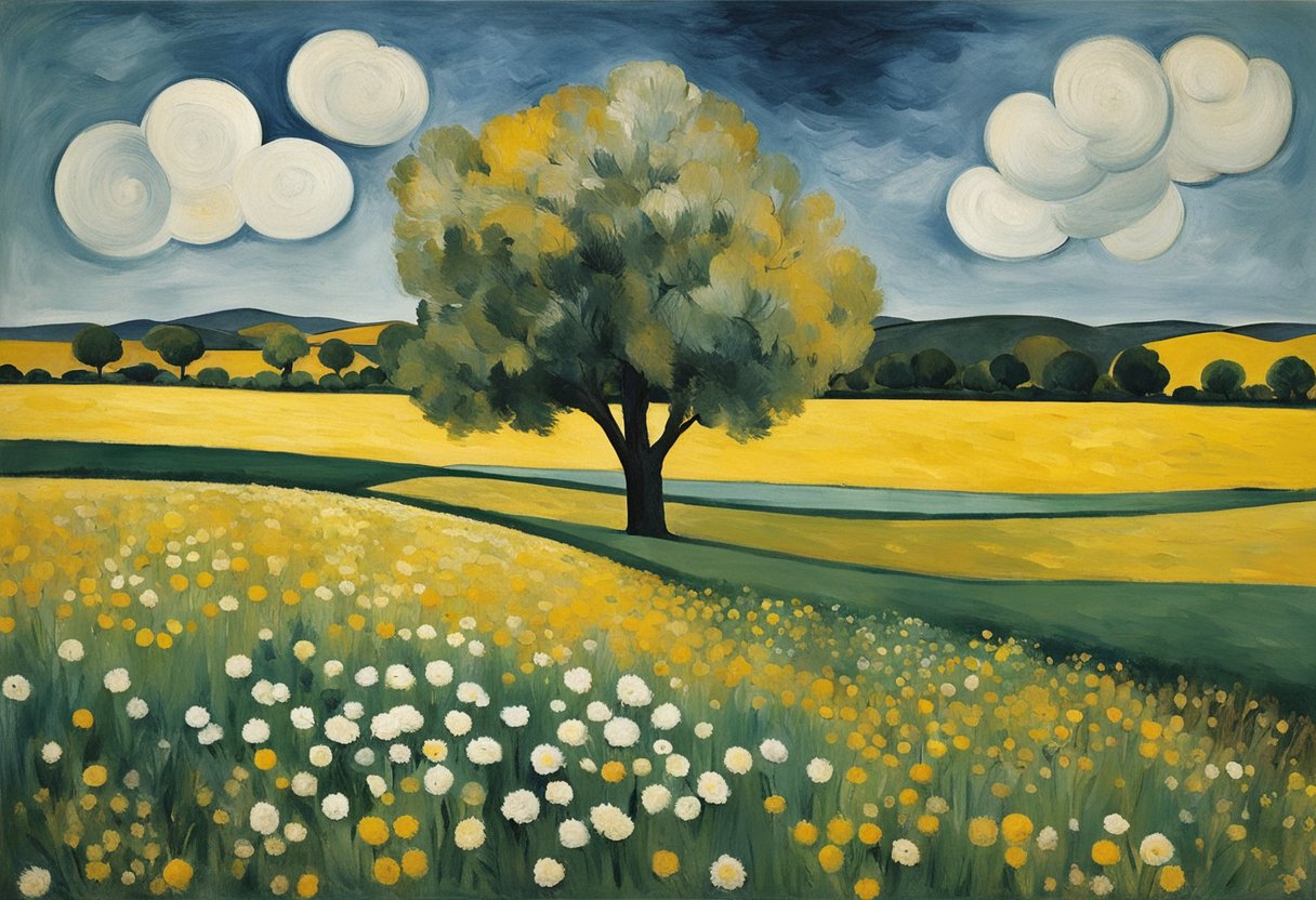 A serene landscape with a solitary tree standing strong amidst a field of wildflowers, symbolizing growth and resilience