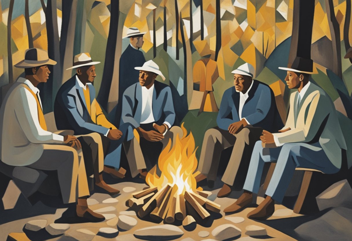 A group of diverse individuals gather around a campfire, taking turns sharing their personal stories of overcoming adversity. The male cancer thriver sits among them, listening and offering his own tale of resilience