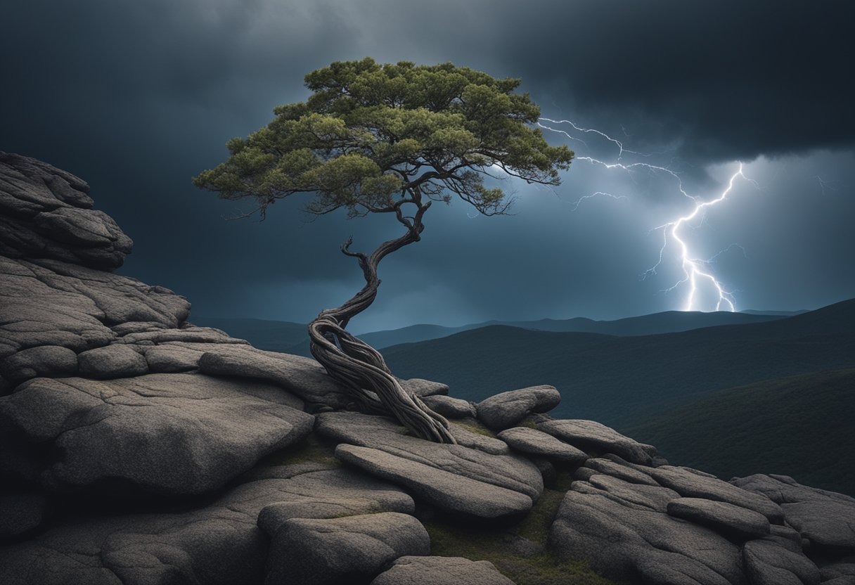 A lone tree stands on a rocky cliff, its branches twisted and gnarled. The sky is dark and stormy, with flashes of lightning illuminating the scene