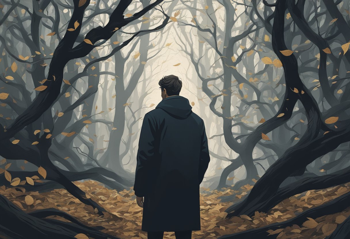 A man stands in a dark forest, surrounded by tangled branches and fallen leaves. His gaze is distant, lost in thought