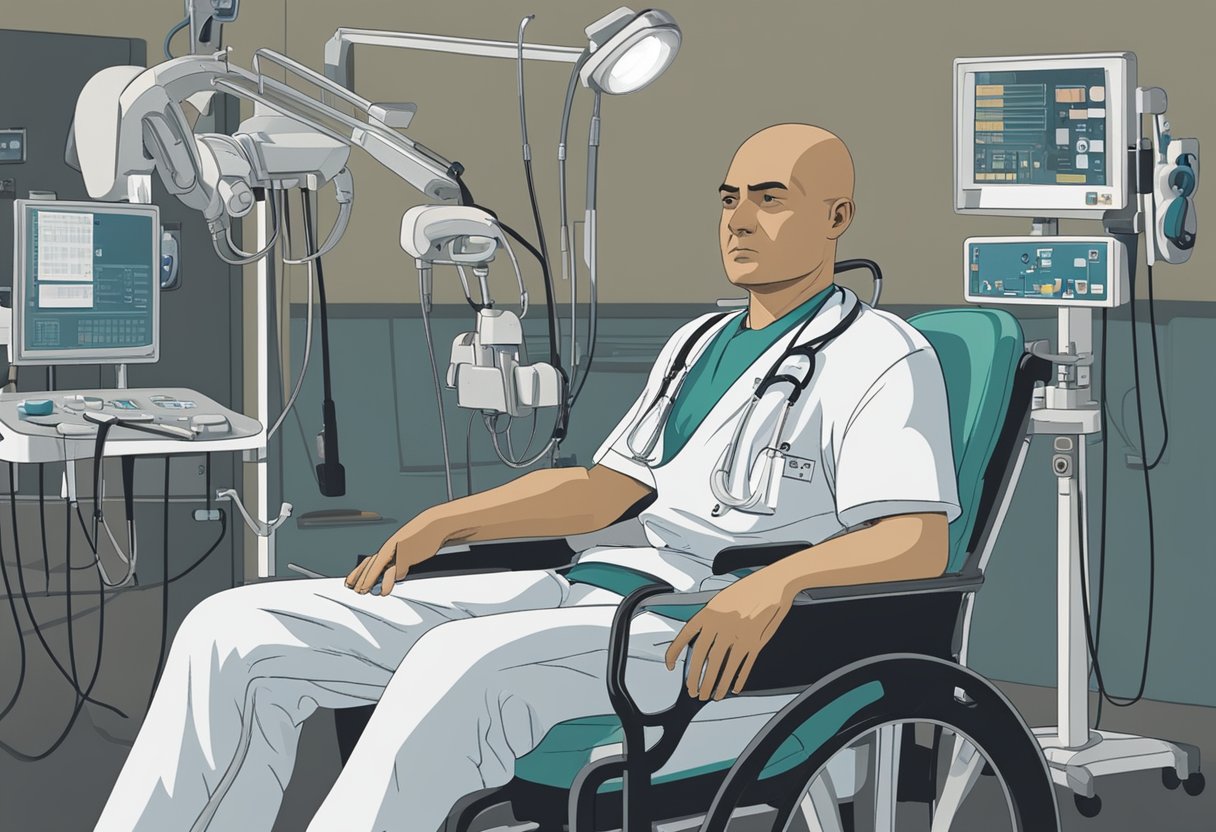 A man sits in a hospital chair, surrounded by medical equipment. His face shows a mix of exhaustion and determination, reflecting on his journey as a cancer survivor