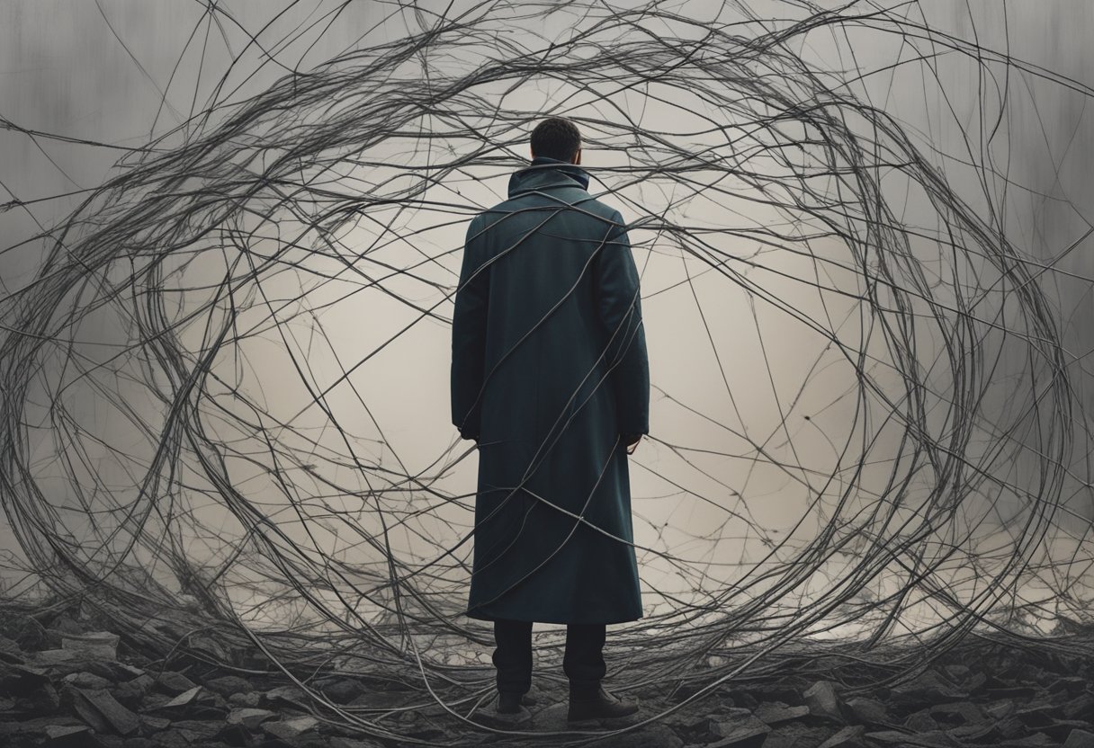 A solitary figure standing amidst a tangle of twisted wires and shattered fragments, with a sense of resilience and hope