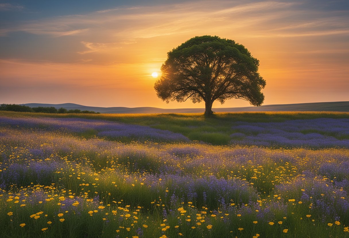 A lone tree stands amidst a field of wildflowers, its branches reaching towards the sky. The sun sets in the background, casting a warm glow over the landscape