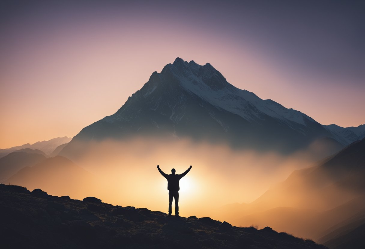 A lone figure stands on a mountain peak, arms raised triumphantly as the sun sets behind them. The silhouette exudes strength and confidence, symbolizing the triumph over self-doubt