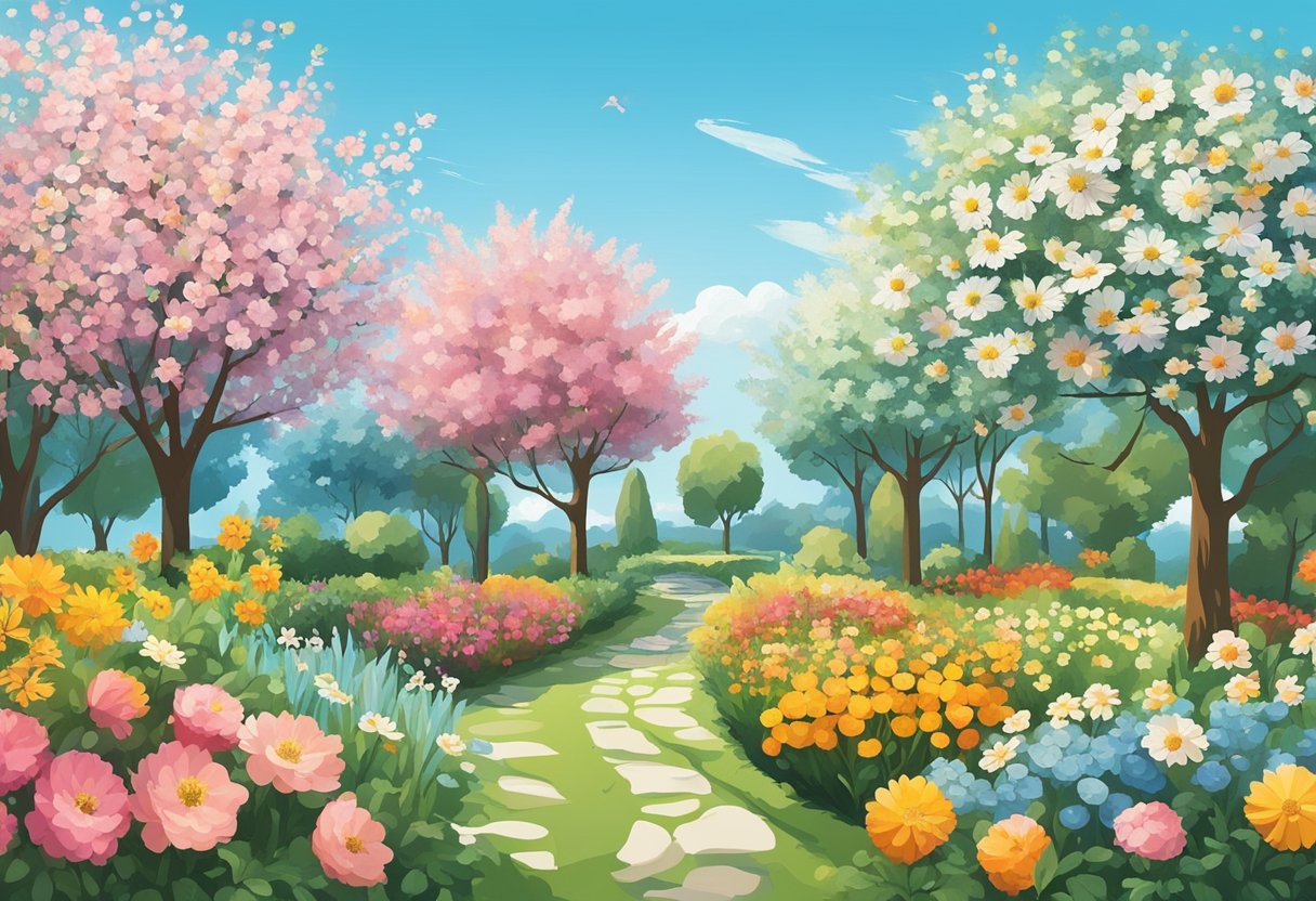 A vibrant garden with blooming flowers, fresh fruits, and a clear blue sky, symbolizing a healthy lifestyle and improved well-being