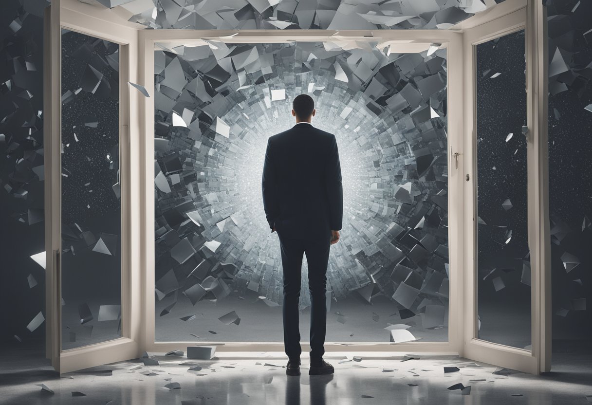 A confident figure standing tall, surrounded by a shattered mirror symbolizing the erasure of self-doubt and the journey of reclaiming self-image and assertiveness post-cancer