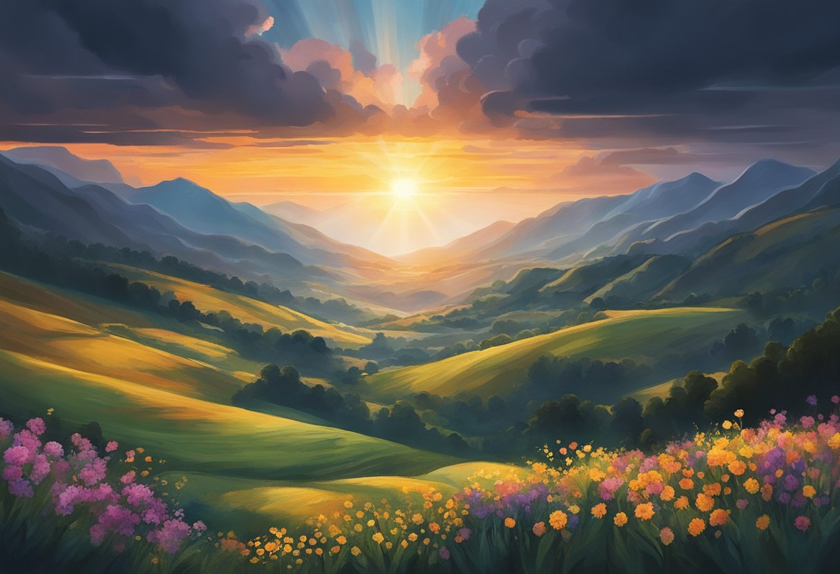 A serene landscape with a vibrant sunrise breaking through dark clouds, symbolizing overcoming self-doubt and mental health struggles