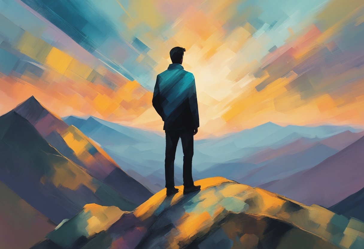 A male figure standing on a mountain peak, gazing at a sunset with a determined expression, symbolizing resilience and acceptance of new limitations