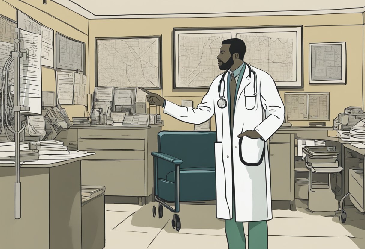A male figure sits in a doctor's office, surrounded by medical equipment. A doctor points to a chart while discussing a diagnosis