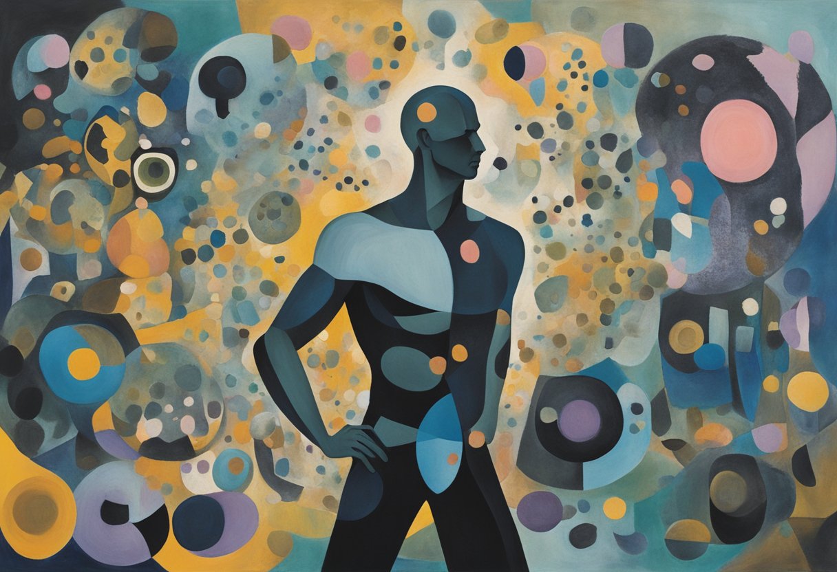 A male figure stands strong, surrounded by symbolic representations of cancer cells and obstacles, with a determined expression on his face