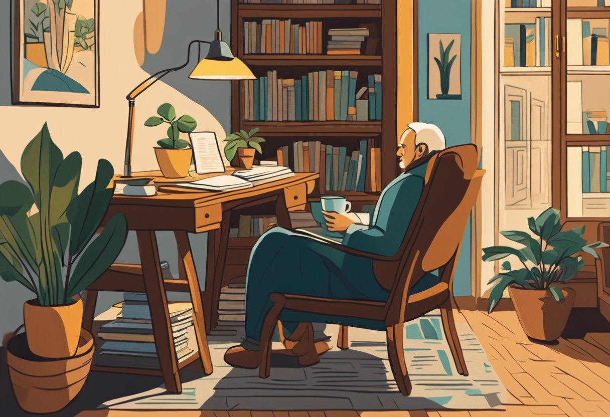 A serene, cluttered desk with a mug of tea, a journal, and a plant. A cozy chair with a soft blanket. Warm lighting and a bookshelf filled with self-care books