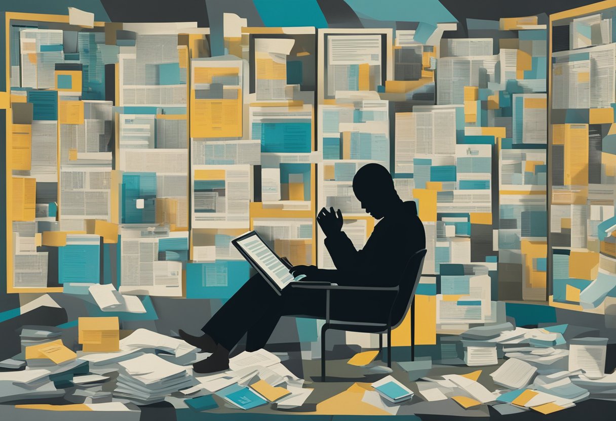 A male figure sits surrounded by medical pamphlets, a computer screen displaying treatment options. He holds his head in his hands, while a shadow looms over him, representing the weight of new limitations and potential side effects