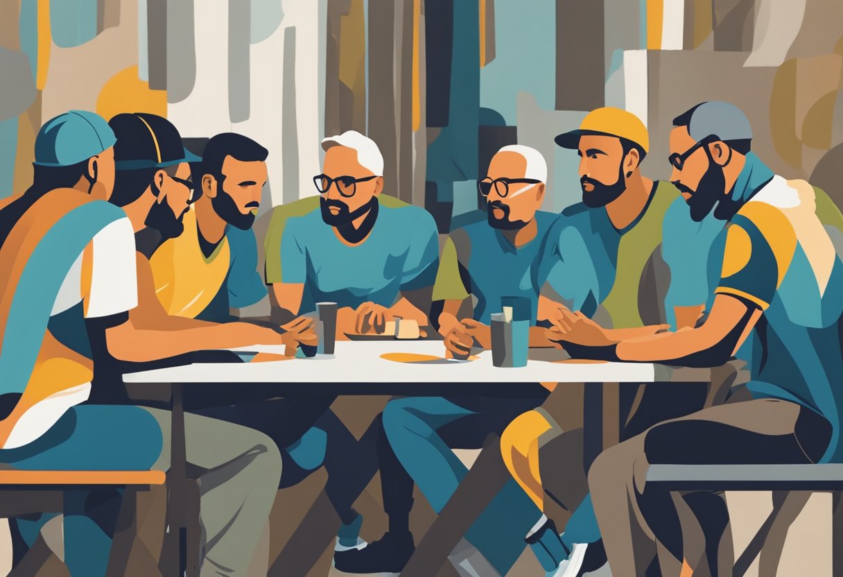 A group of male cancer warriors gather around a table, sharing information and resources with each other. They are engaged in deep conversation, offering support and guidance to one another