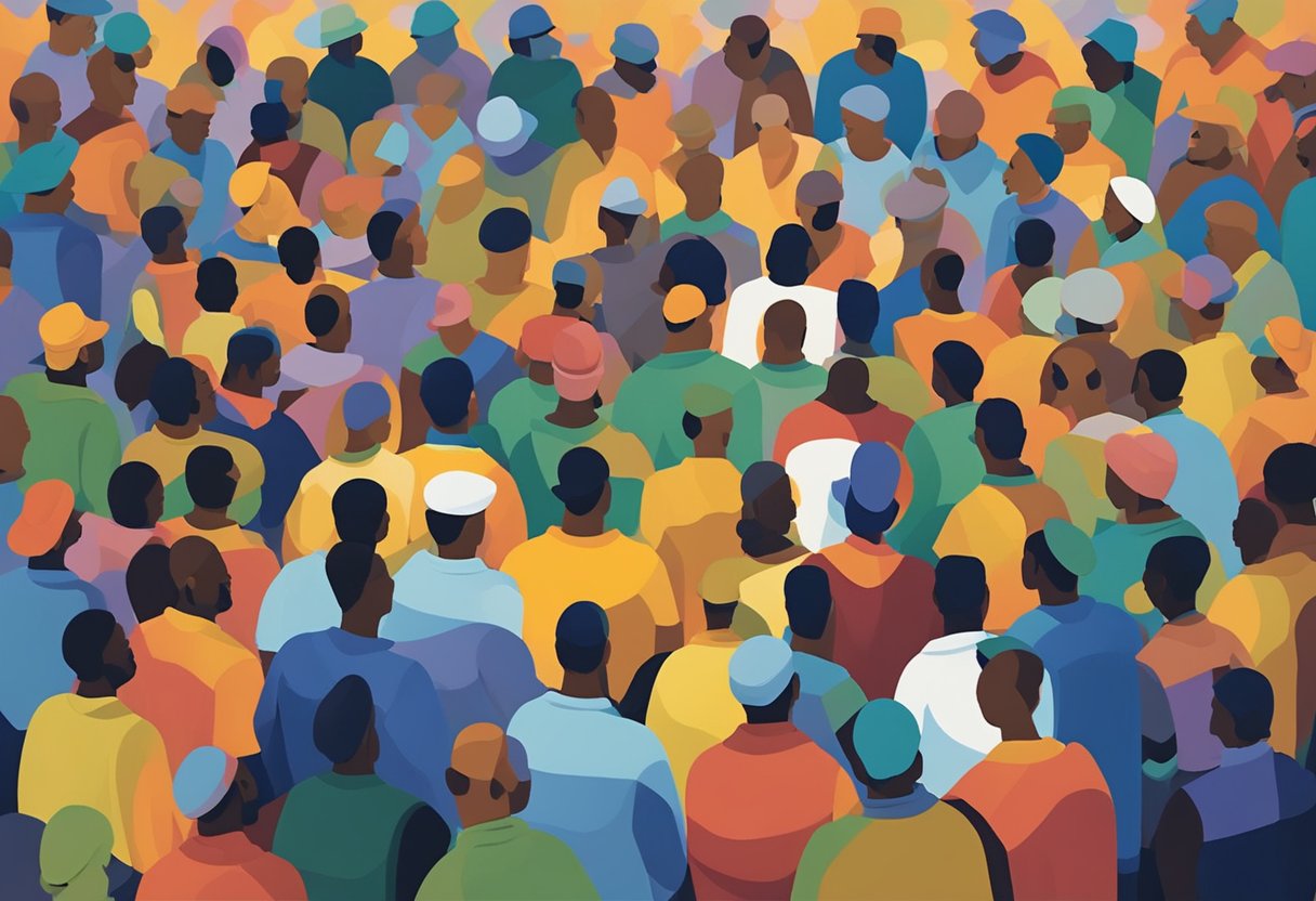 A group of male cancer warriors gather in a circle, sharing stories and offering support to one another. The room is filled with warmth and camaraderie