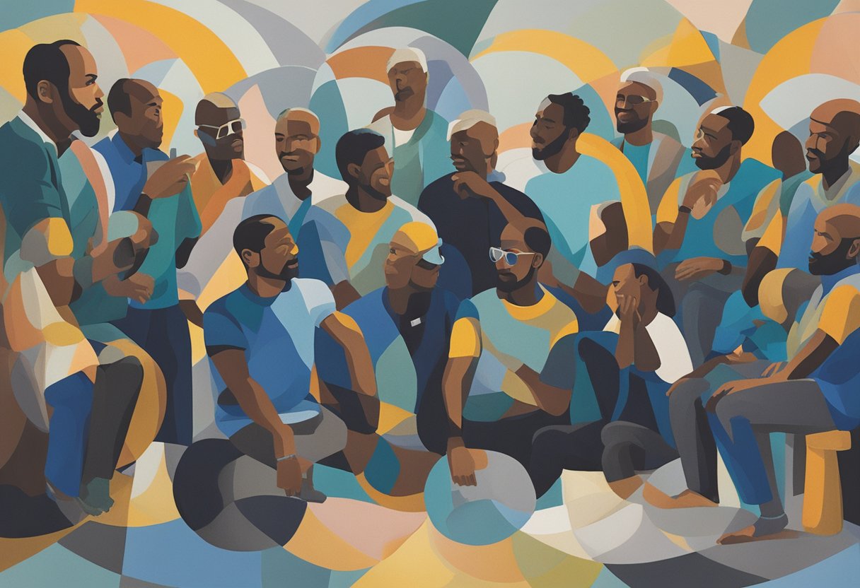 A group of male cancer survivors sharing stories and insights, gathered around a circle, their expressions reflecting strength and resilience