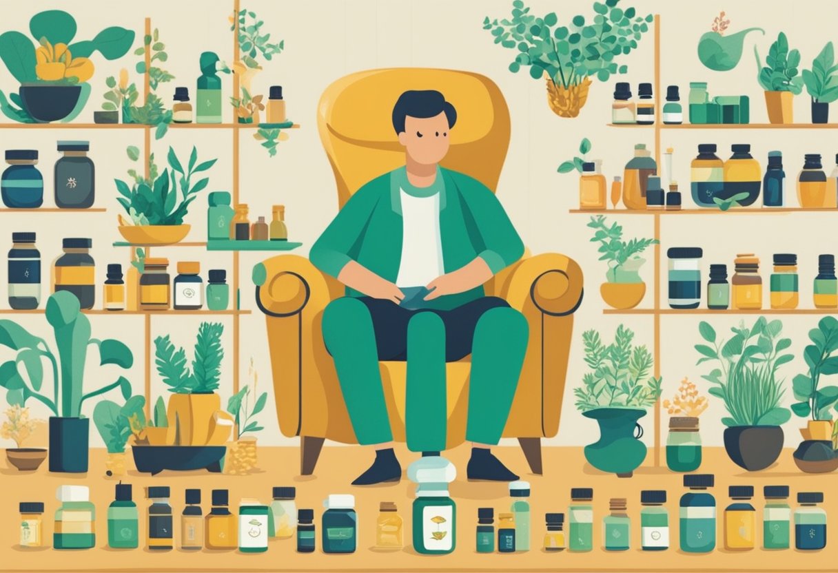 A person sitting in a chair surrounded by various ineffective remedies, such as herbal supplements and essential oils, while receiving cancer treatments