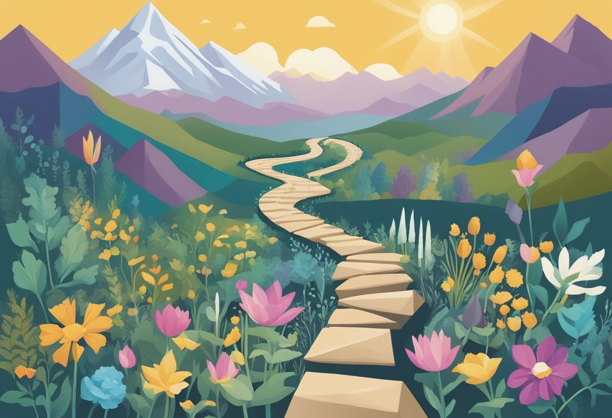 A winding path with dead-end signs leading to pills, herbs, and crystals, overshadowed by a towering mountain representing the psychological journey of ineffective cancer survivorship remedies