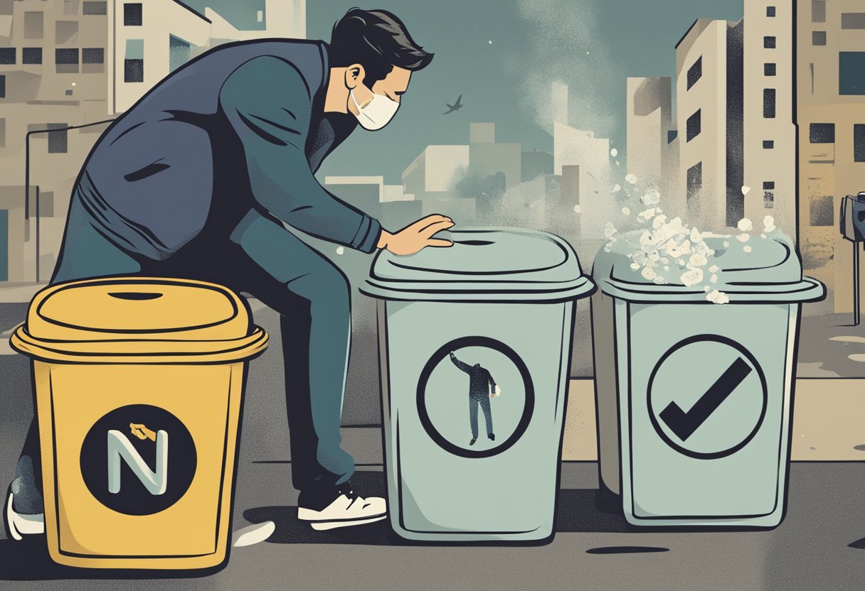 A person tossing ineffective remedies into a trash can, with a bold "No" symbol over them