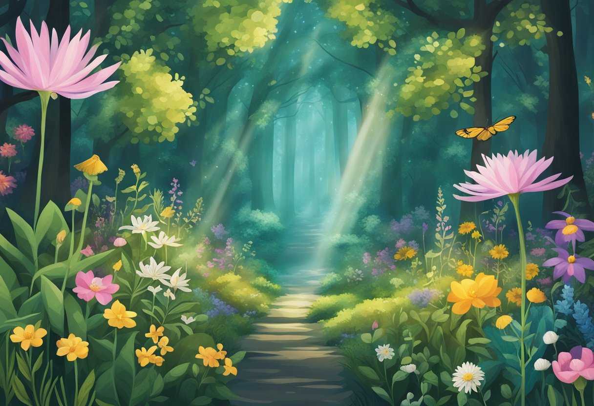 A serene forest with a beam of light shining on a collection of herbal remedies, surrounded by vibrant plants and flowers