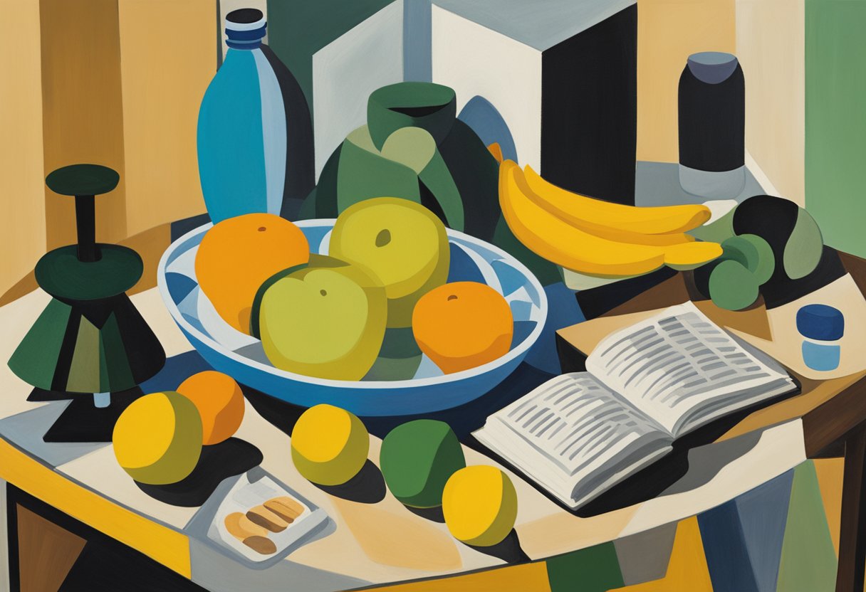 A table filled with colorful fruits, vegetables, whole grains, and lean proteins. A water bottle and a journal sit nearby, surrounded by exercise equipment