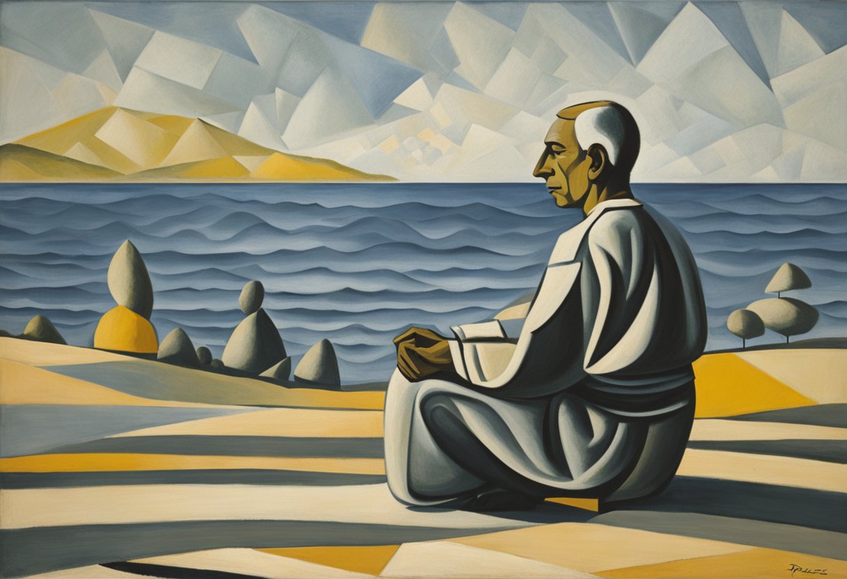 A man in workout clothes meditates on a peaceful beach at sunrise