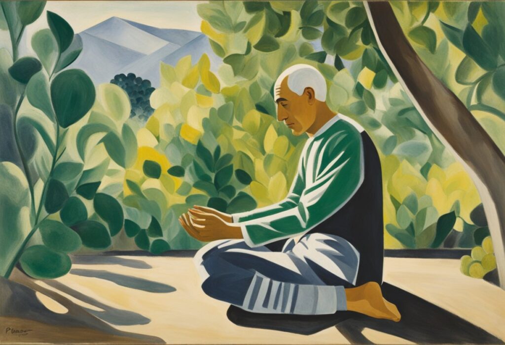 A man practicing yoga in a serene outdoor setting, surrounded by greenery and sunlight, with a sense of calm and determination in his posture