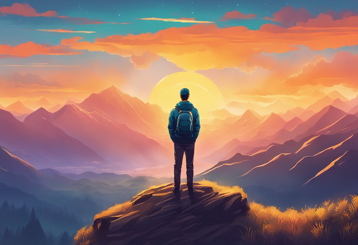 A man standing on top of a mountain, looking out at a vibrant sunset, with a sense of determination and hope in his eyes