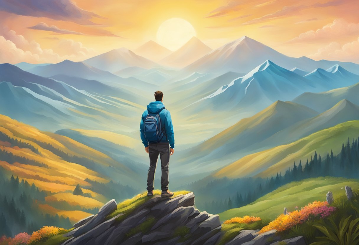 A man standing triumphantly on a mountaintop, surrounded by a vibrant landscape, symbolizing resilience and overcoming cancer