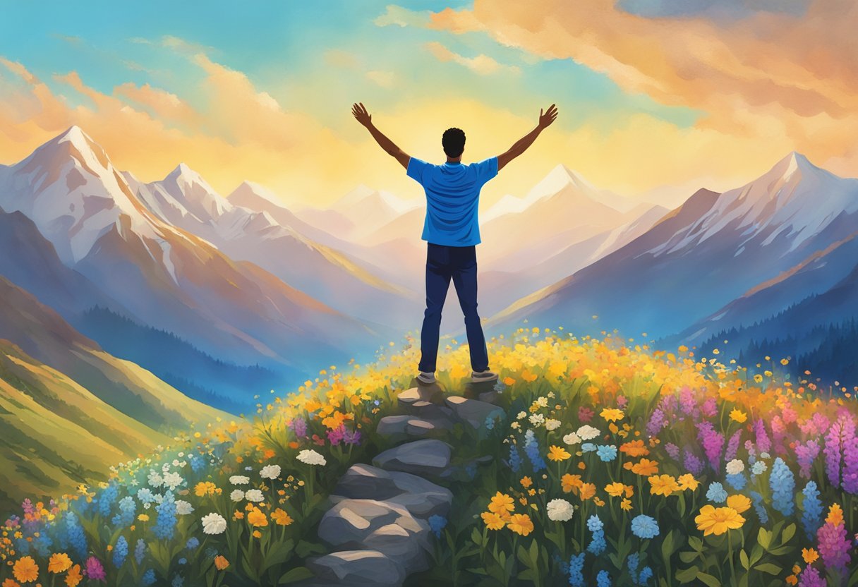 A man standing on a mountaintop, arms raised in triumph, surrounded by vibrant wildflowers and a clear blue sky