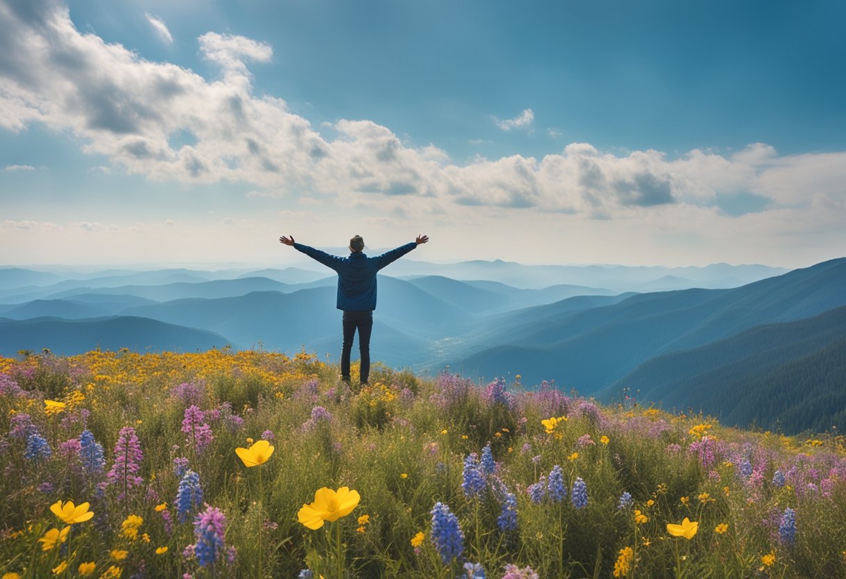 A lone figure standing atop a mountain peak, arms outstretched towards the sky, surrounded by vibrant wildflowers and a clear blue sky