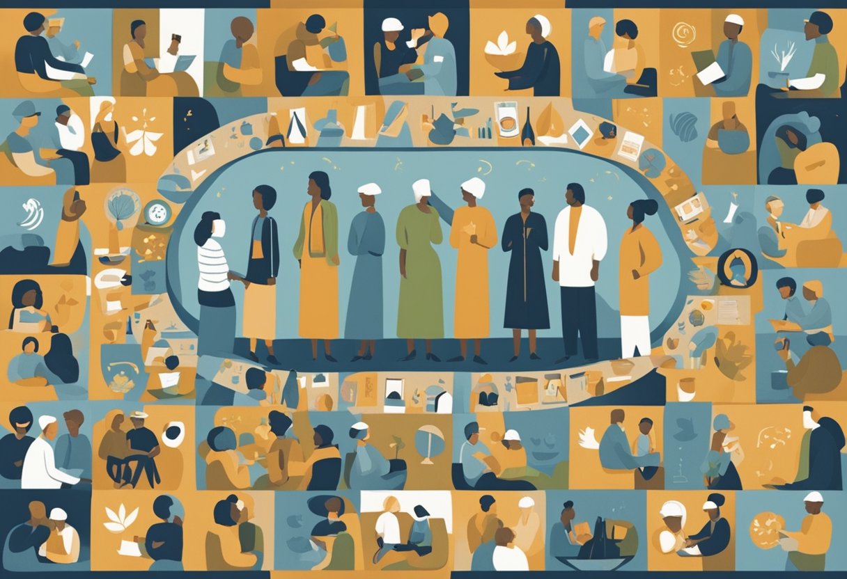 A group of diverse people gather around a cancer thriver, offering support and encouragement. The thriver is engaged in a conversation, surrounded by symbols of communication and motivation