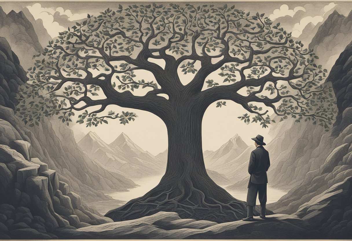 A man in a serene setting, surrounded by symbols of strength and resilience, such as a tree or mountain, with a sense of determination and hope radiating from him