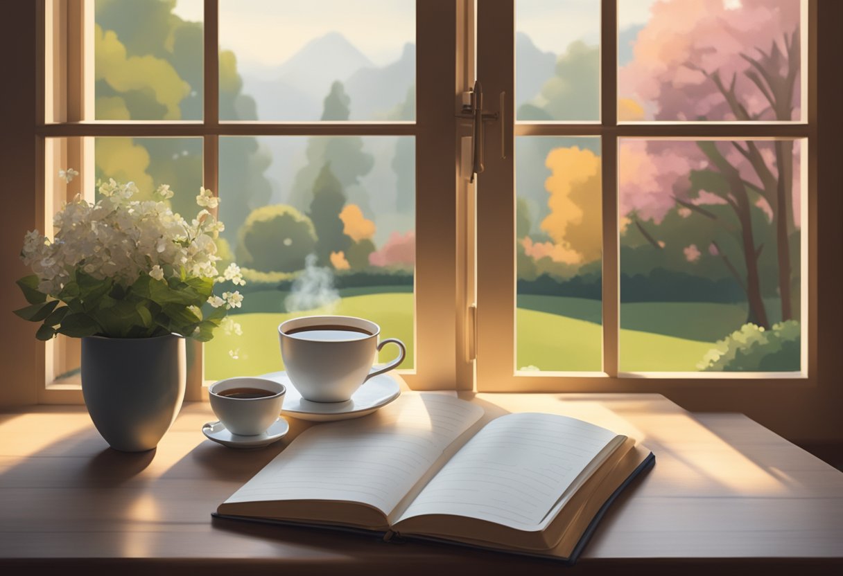A serene morning scene with a steaming cup of tea, a journal, and a cozy blanket by a window overlooking a peaceful garden