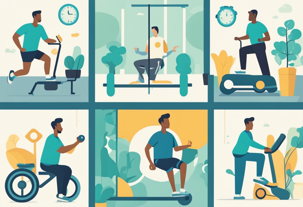 A man engaging in regular exercise, eating a balanced diet, and attending routine medical check-ups