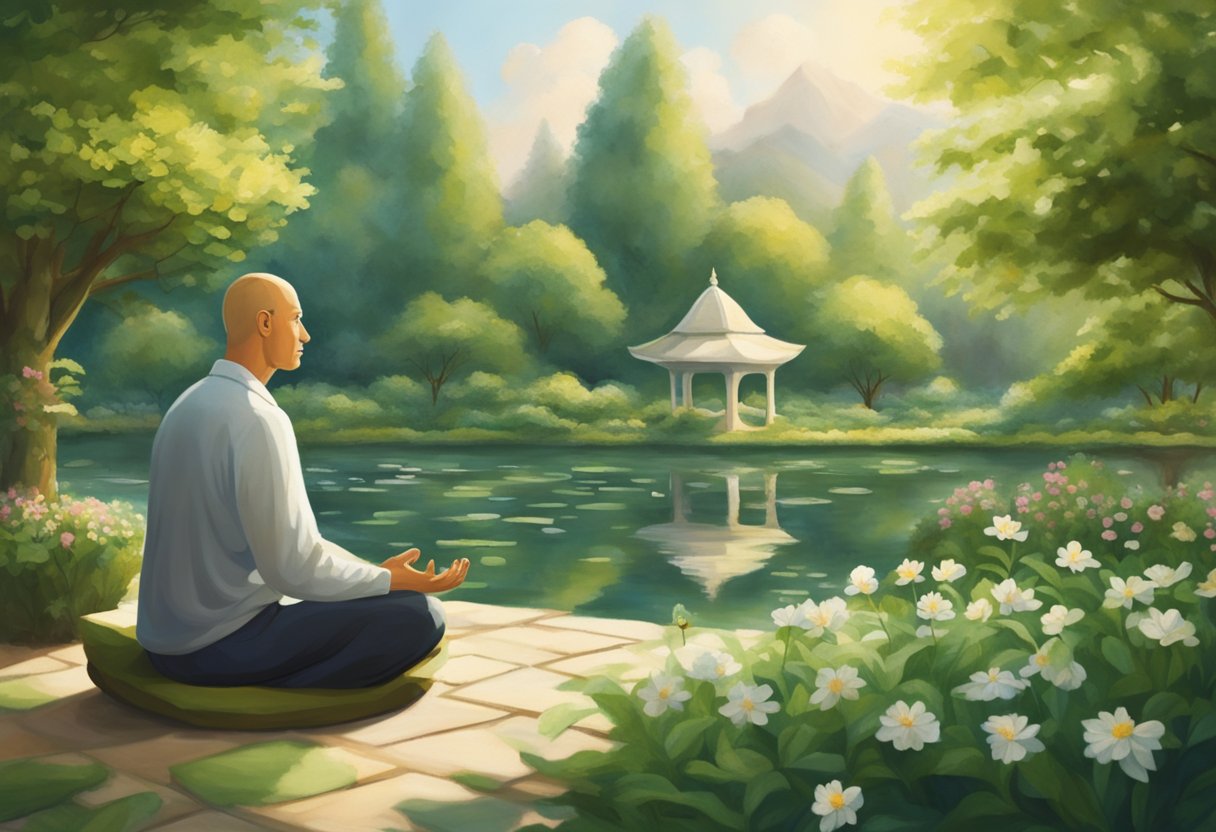 A man peacefully meditates in a serene garden, surrounded by greenery and calming elements, symbolizing his journey as a cancer thriver