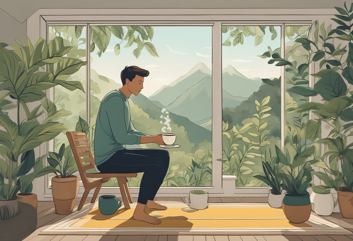 A man enjoying a peaceful morning routine, sipping tea while surrounded by plants and engaging in meditation or gentle exercise