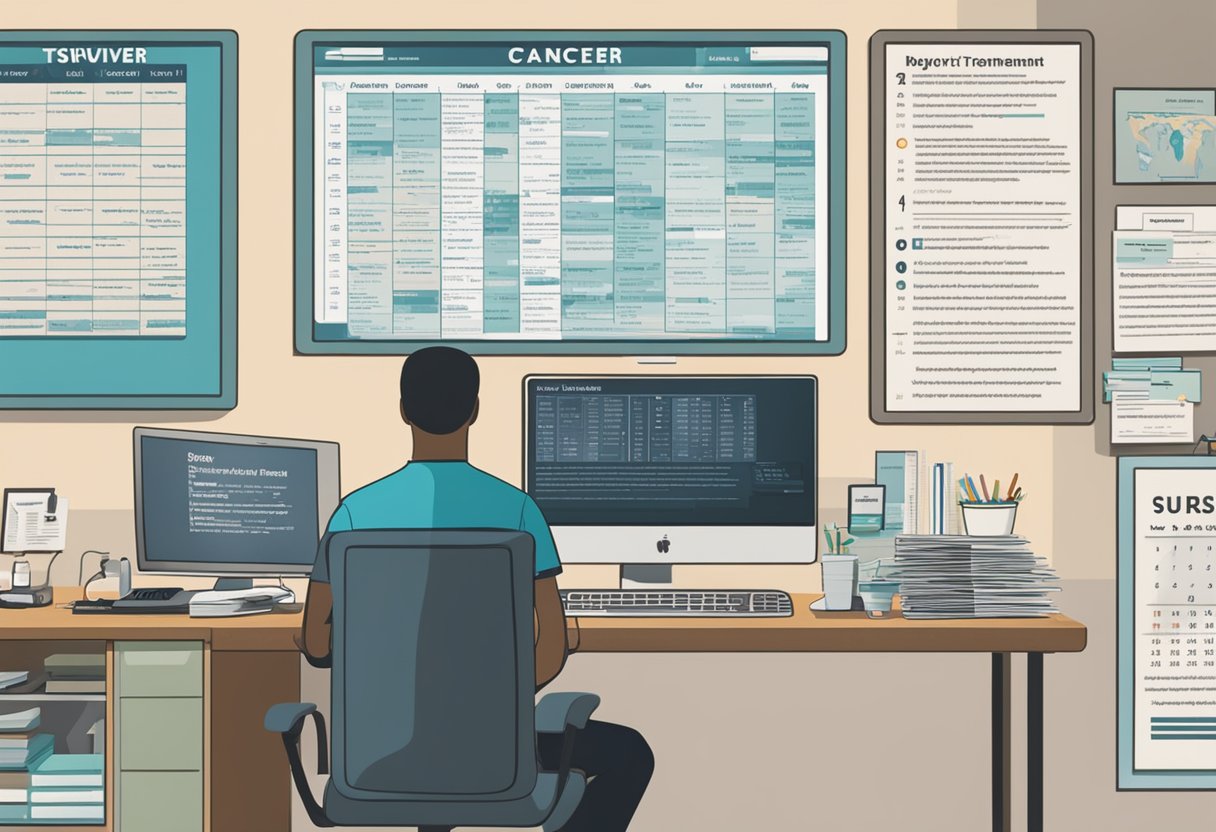 A man sits at a desk, surrounded by medical bills and insurance paperwork. A computer screen displays a chart of cancer treatment options. A calendar on the wall marks the survivor's next doctor's appointment