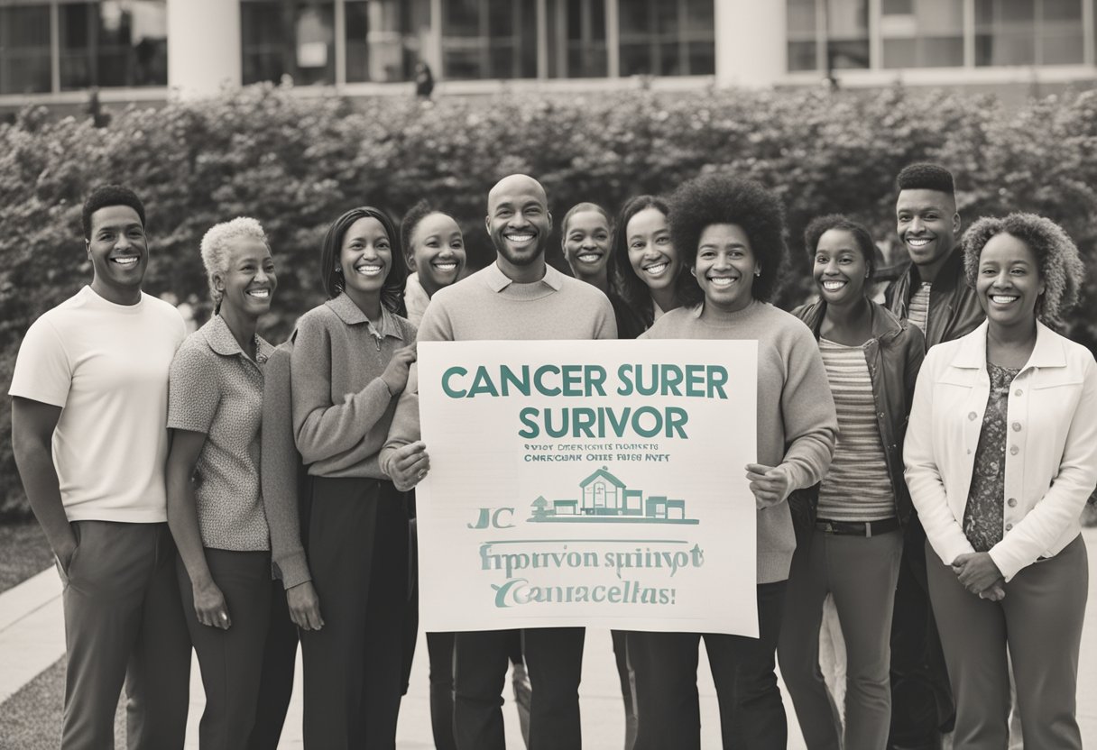 A man standing in front of a hospital, smiling and holding a paper that says "Cancer Survivor" with a group of supportive friends and family around him