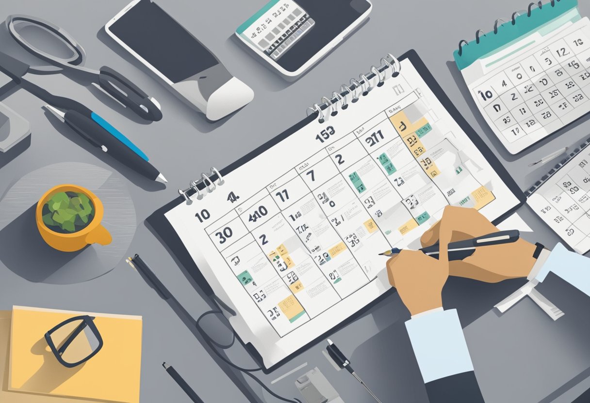 A man sits at a desk with paperwork and a computer. A calendar shows a date for a medical appointment. A phone and pen are nearby